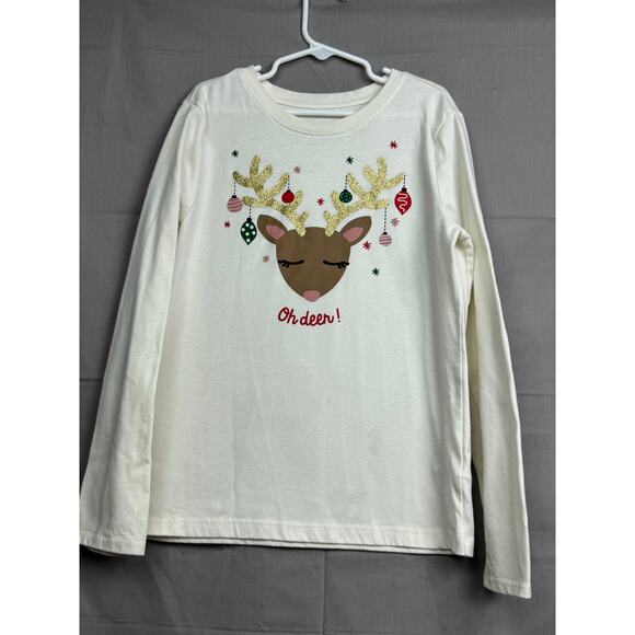 Holiday Time Girls Cream Oh Deer Long Sleeve Shirt, Size L (10/12) - Picture 2 of 5